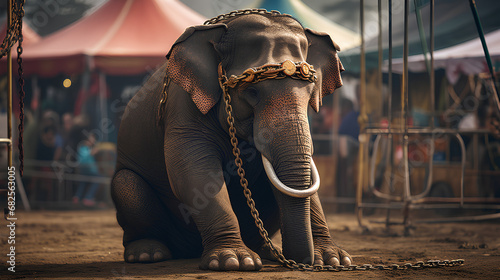 Sad elephant outside a circus tent tied with big chain, no animals in circuses photo