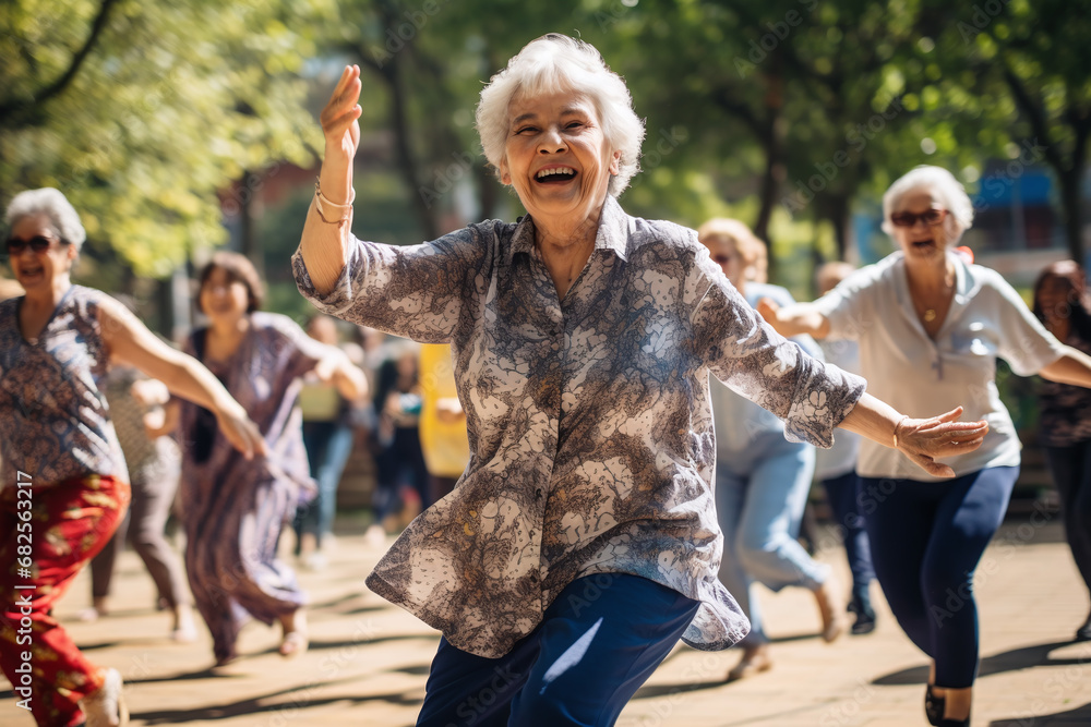 Elderly women dancing in park. Happy square dance senior people. Outdoor physical activity for grandparents - obrazy, fototapety, plakaty 
