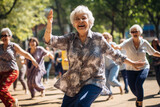 Elderly women dancing in park. Happy square dance senior people. Outdoor physical activity for grandparents