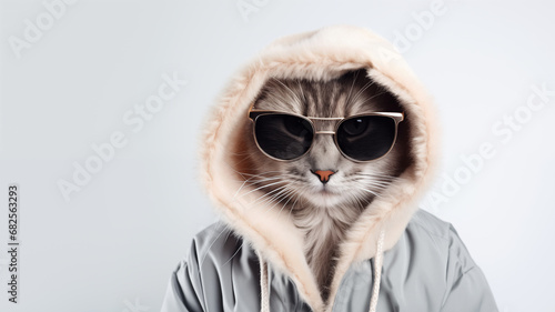 Stylish cat in black glasses and warm jacket on white background with space for text. Studio portrait of a cat in winter clothes.