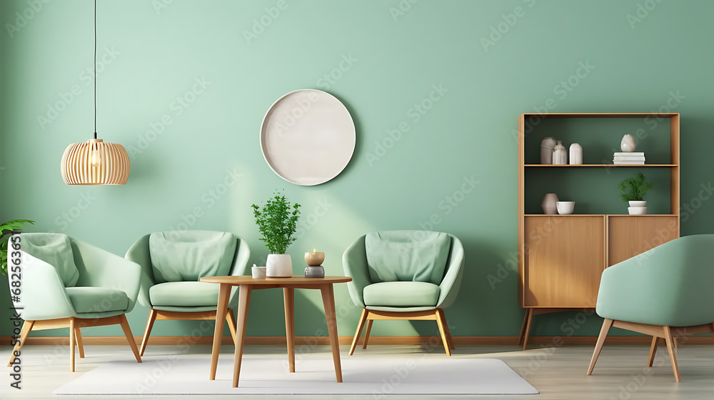 Mint color chairs at round wooden dining table in room with sofa and cabinet near green wall. Scandinavian, mid-century home interior design of modern living room