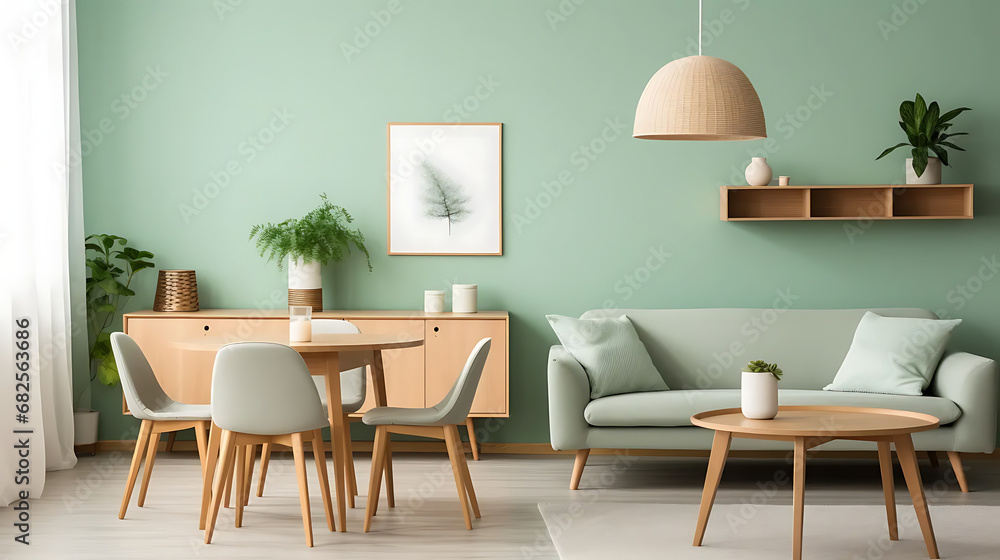 Mint color chairs at round wooden dining table in room with sofa and cabinet near green wall. Scandinavian, mid-century home interior design of modern living room Mint color chairs at round wooden dining table in room with sofa and cabinet near green wall. Scandinavian, mid-century home interior design of modern living room