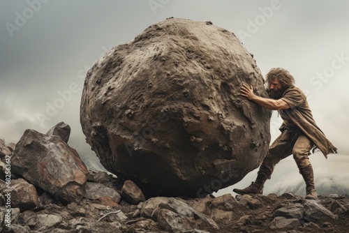 Sisyphus is pushing a rock up a mountain. The enduring symbolism of sisyphus pushing a rock up a mountain: a representation of eternal effort, mythological punishment, and philosophical reflection.
