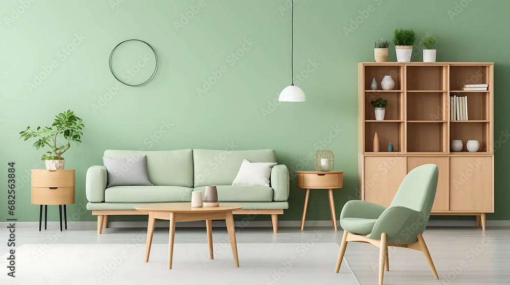 Mint color chairs at round wooden dining table in room with sofa and cabinet near green wall. Scandinavian, mid-century home interior design of modern living room