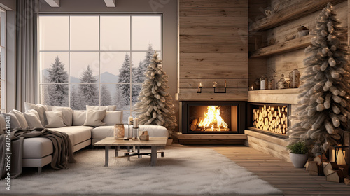 salón con decoración moderna tipo escandinava en tonos claros beige con chimenea y decorado con árbol de navidad photo