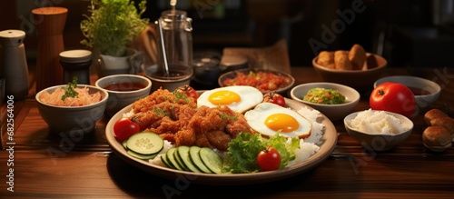 In the busy kitchen of a renowned Japanese restaurant, the skilled chef cooked a delightful Asian breakfast menu, including crispy deep-fried cutlet and tonkatsu with pork, rice, donkatsu, and chicken photo