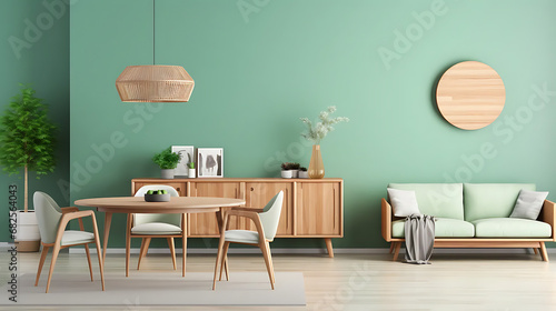 Mint color chairs at round wooden dining table in room with sofa and cabinet near green wall. Scandinavian, mid-century home interior design of modern living room photo