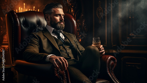 handsome man in vintage clothes and smoking cigar sitting in armchair