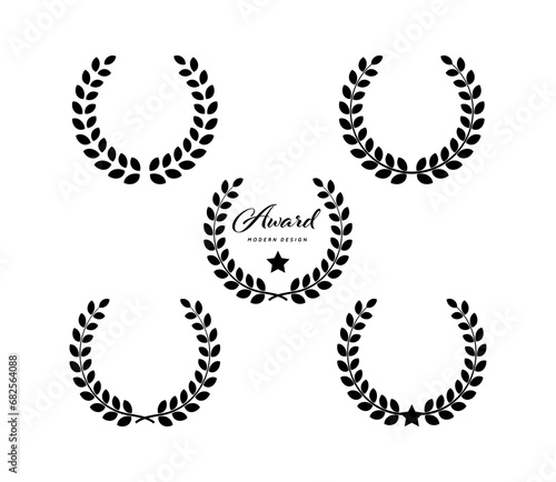 Wreath laurel. Black icon isolated on white background. Winner circle wreath. Victory round crown. Leaf award emblem. Symbol border. Branch logo. Branch with leaves. Crest badge. Vector illustration