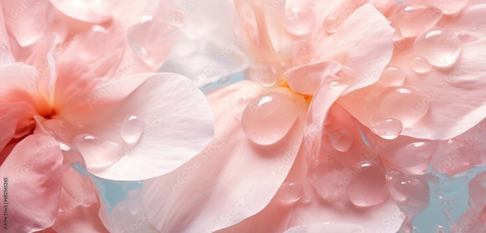 Extreme close-up of delicate flower petals, gentle salmon pinks and understated seafoam greens, in the style of botanical photography, depth of field, serene visuals, minimalistic simplicity, 