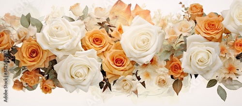 In the midst of summer, a beautiful vintage floral design emerged, showcasing the elegance of white roses with a touch of orange, exuding the allure of nature. Isolated in a white background, this © AkuAku