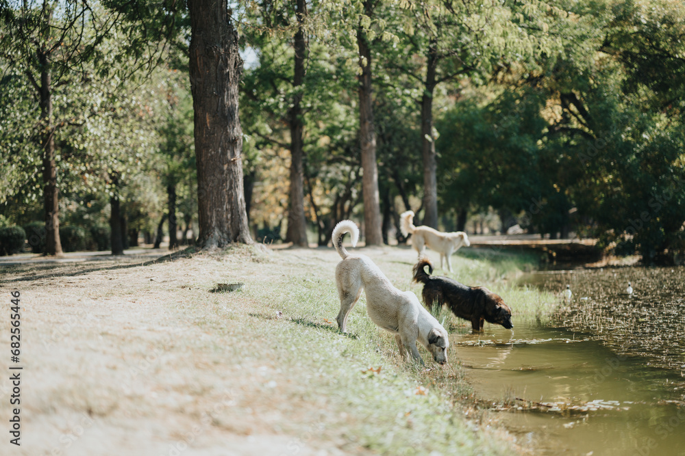 Obraz premium Carefree Weekend: Friends Enjoying Playful Time with Dogs in the Sunny Park