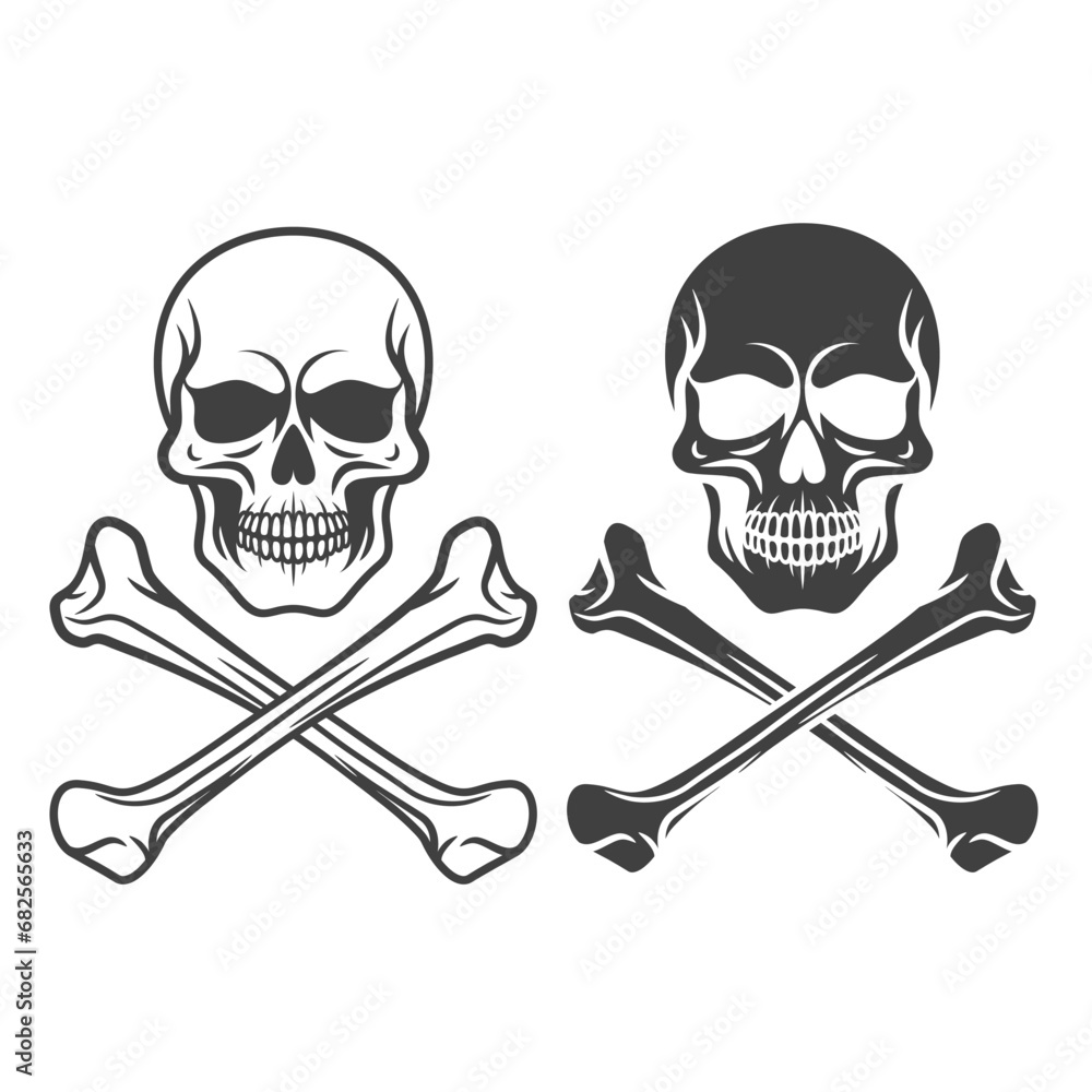 Vector Black and White Skull and Crossbones Icon Set Isolated. Skulls Collection with Outline, Cut Out Style in Front View. Hand Drawn Skull Head Design Template Vector Black and White Skull and Crossbones Icon Set Isolated. Skulls Collection with Outline, Cut Out Style in Front View. Hand Drawn Skull Head Design Template