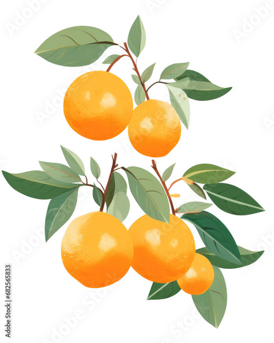 Illustration of oranges on branches, transparent background (PNG)
