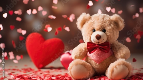 Plush teddy bear with a red bow sitting with Valentine's Day hearts and confetti.