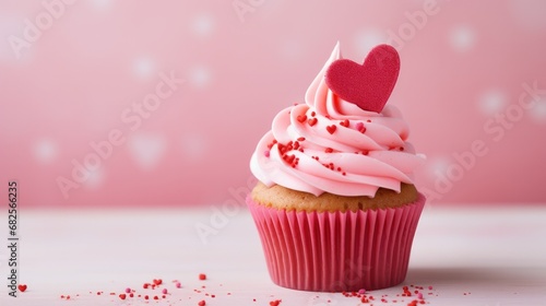 Valentine's Day cupcake with creamy pink icing and a sparkling heart decoration.