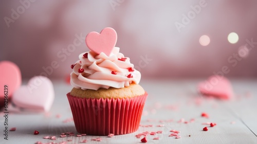 Festive Valentine's cupcake adorned with a heart and surrounded by romantic confetti.