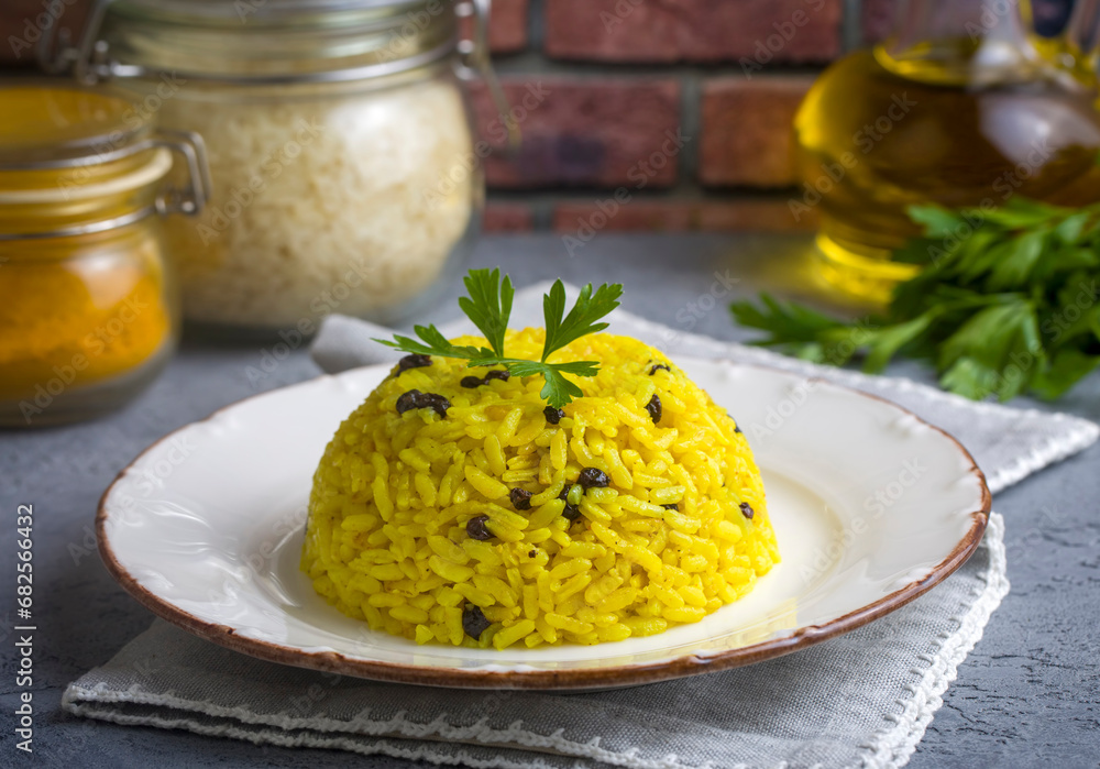 Turmeric Rice Pilaf. Rice made with turmeric and currants. Turkish name; Zerdecalli pirinc pilavi
