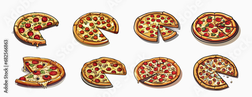 Cute Pizza Cartoon Set. Set collection cute pizza cartoon vector illustration