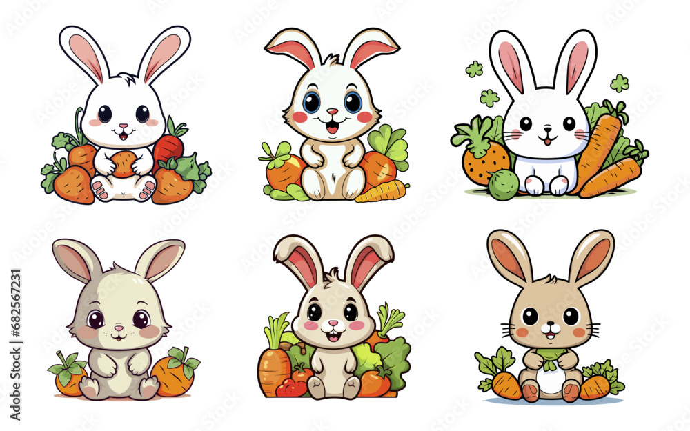 Cute Rabbit with Carrot Cartoon Set