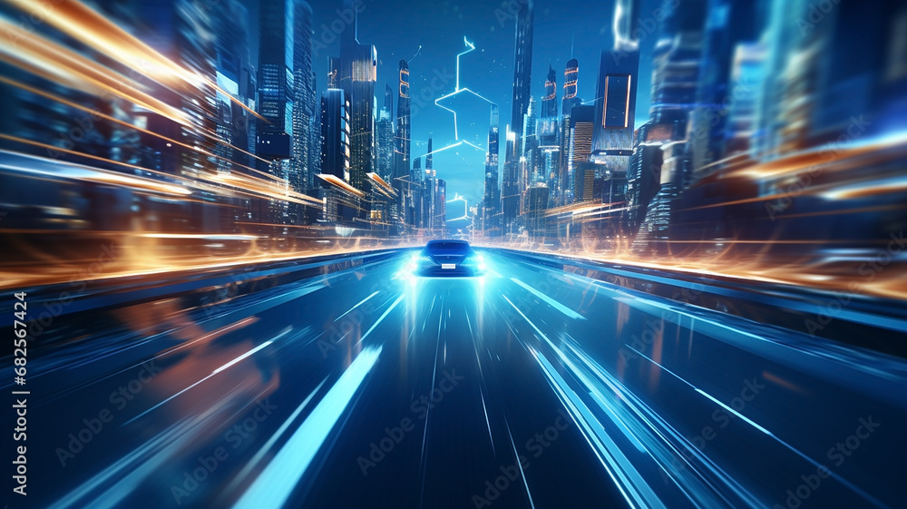 Long exposure of speeding blue car in the middle of highway of huge city with skyscrapers. Blue light trails and blurred lights speed motion blur background.