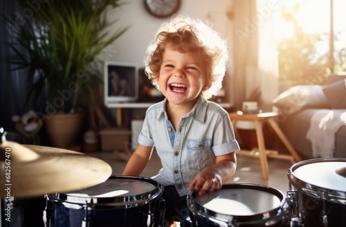 A little boy playing drums in a living room. Generative AI.