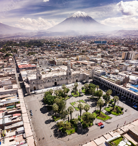 Aerial image of the main square of the city of Arequipa, the city and in the background, the Misti volcano, the most important of the Arequipa region. Located in the south of Peru. photo