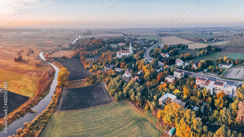 Aerial autumn view at church in Chelmno on the Ner River, a village in Poland