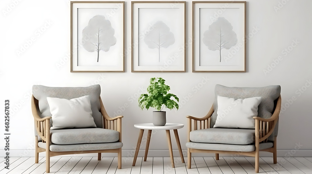 Two armchairs in room with white wall and big frame poster on it. Scandinavian style interior design of modern living room Two armchairs in room with white wall and big frame poster on it. Scandinavian style interior design of modern living room