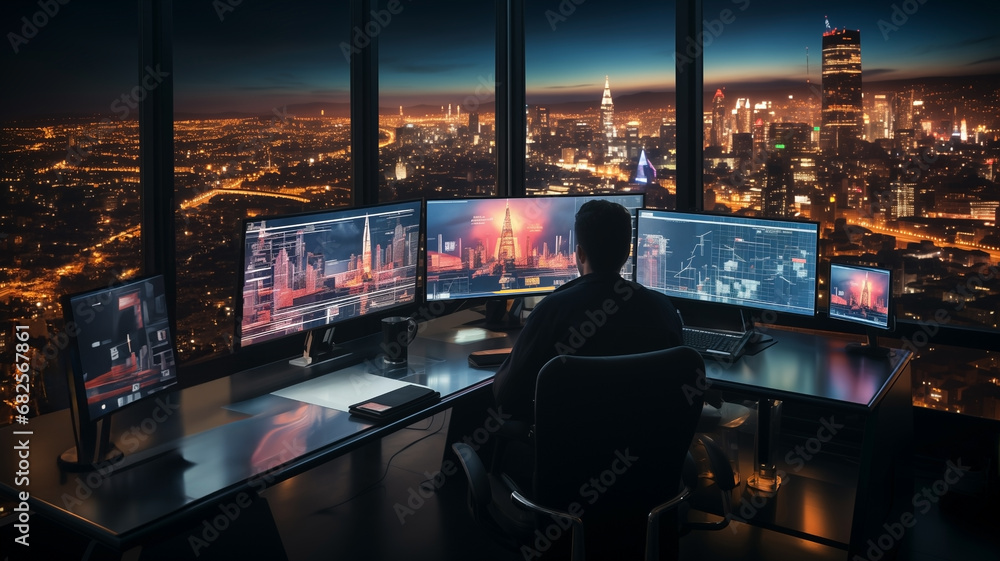 Obraz premium A businessman sitting in his office and working on project. Office have wide big windows and beautiful city view. Business concept.Modern office with computers.