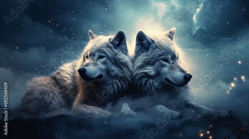 two wolves in the moonlight