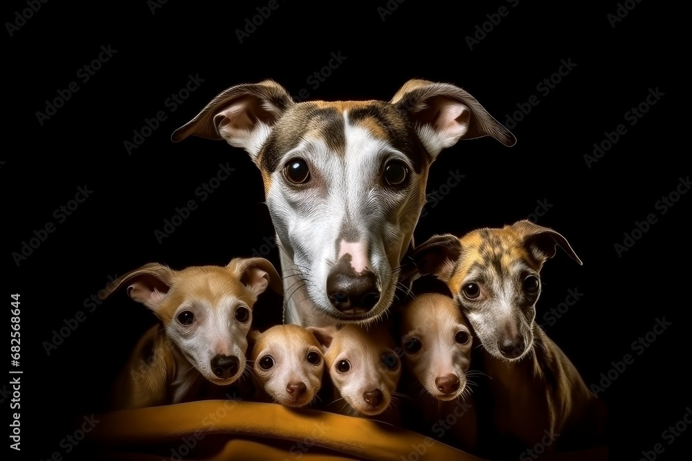 PORTRAIT OF A GREYHOUND WITH HIS PUPPIES.