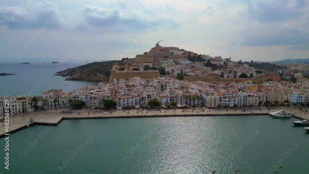Breathtaking aerial top view drone. Harbor Port promenade city Ibiza Town Spain Breathtaking aerial top view drone. Harbor Port promenade city Ibiza Town Spain