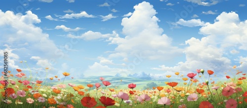 In the summer sky, a vibrant floral design featuring colorful flowers and lush green leaves comes to life against the backdrop of fluffy clouds, showcasing the beauty of nature and the growth of