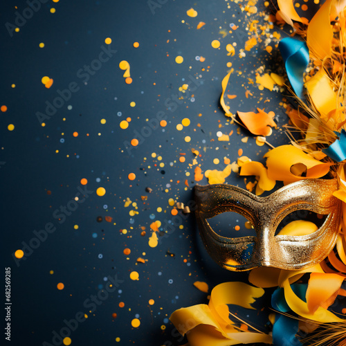 máscara de carnaval con confeti en formato cuadrado de color amarillo y dorado 