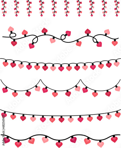Valentines day hearts garland string. Valentines day decoration with bright lights.Heart light garland. Pink light bulbs for decoration .Pink heart shaped fairy lights. Heart garland seamless border.	