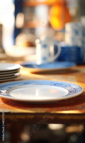 A beautifully arranged table with empty plates and cups in soft focus creates a lively and inviting atmosphere. Generative AI.