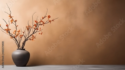 Branch in clay vase against concrete wall with copy space. Home interior background of living room