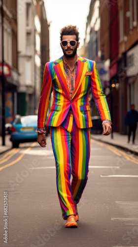 A stylish man in a vibrant rainbow suit confidently walks down the city street. Generative AI.