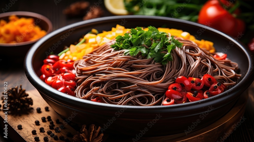 A bowl of buckwheat noodles many vegaetables UHD wallpaper A bowl of buckwheat noodles many vegaetables UHD wallpaper