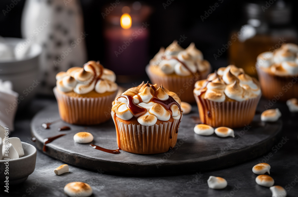 Sweet Cupcakes with toasted marshmallow frosting and caramel sauce on stone serving board. Horizontal, side view.