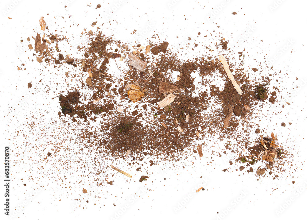 Soil, dust, rotten old pieces of wood, isolated on white, top view