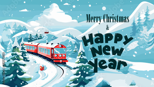 Merry Christmas and Happy New Year party greeting card with train. Polar express bring gifts in snowy landscape. Xmas traditional holiday eve horizontal banner. Winter family celebration eps postcard