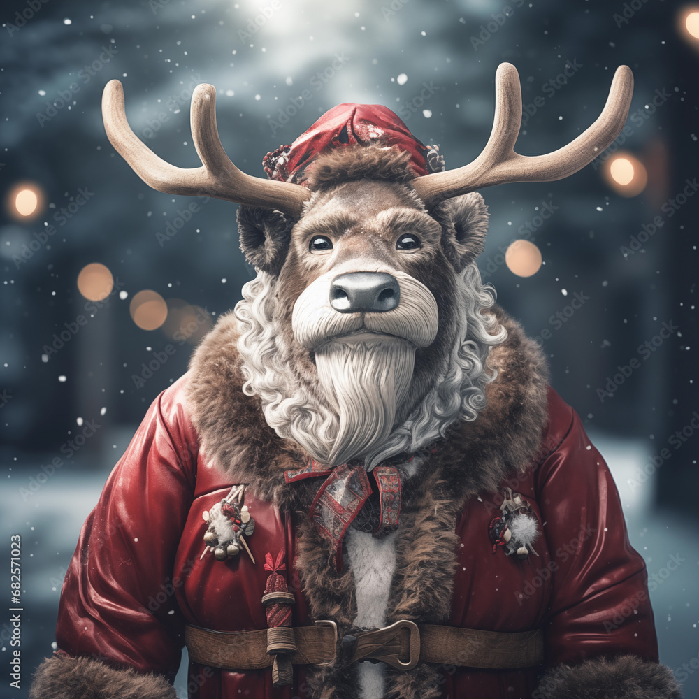 Niedlicher Rentier-Weihnachtsmann im Schnee vor Hütte Niedlicher Rentier-Weihnachtsmann im Schnee vor Hütte