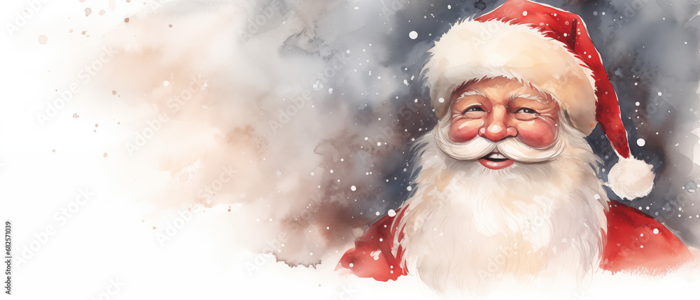 Santa Claus in the snow. Watercolor with copy space. Christmas card concept. Santa Claus in the snow. Watercolor with copy space. Christmas card concept.