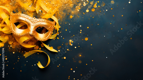 plantilla invitación festiva de carnaval, máscara antifaz de color amarillo  © Favio