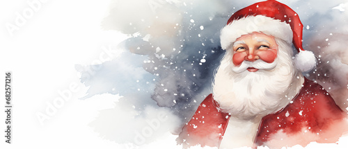 Santa Claus in the snow. Watercolor with copy space. Christmas card concept. © Synaptic Studio