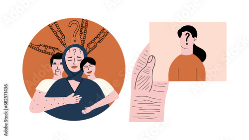 Alzheimer's disease concepts. Children hug their mother with dementia. An old hand holds an unknown photograph of a relative. Vector illustration