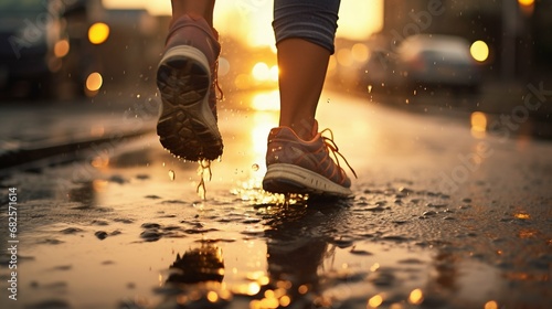 Evening Run Resilience: Woman in Sports Shoes Jogging Through Sunset Puddles. Generative ai