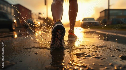 Evening Run Resilience: Woman in Sports Shoes Jogging Through Sunset Puddles. Generative ai